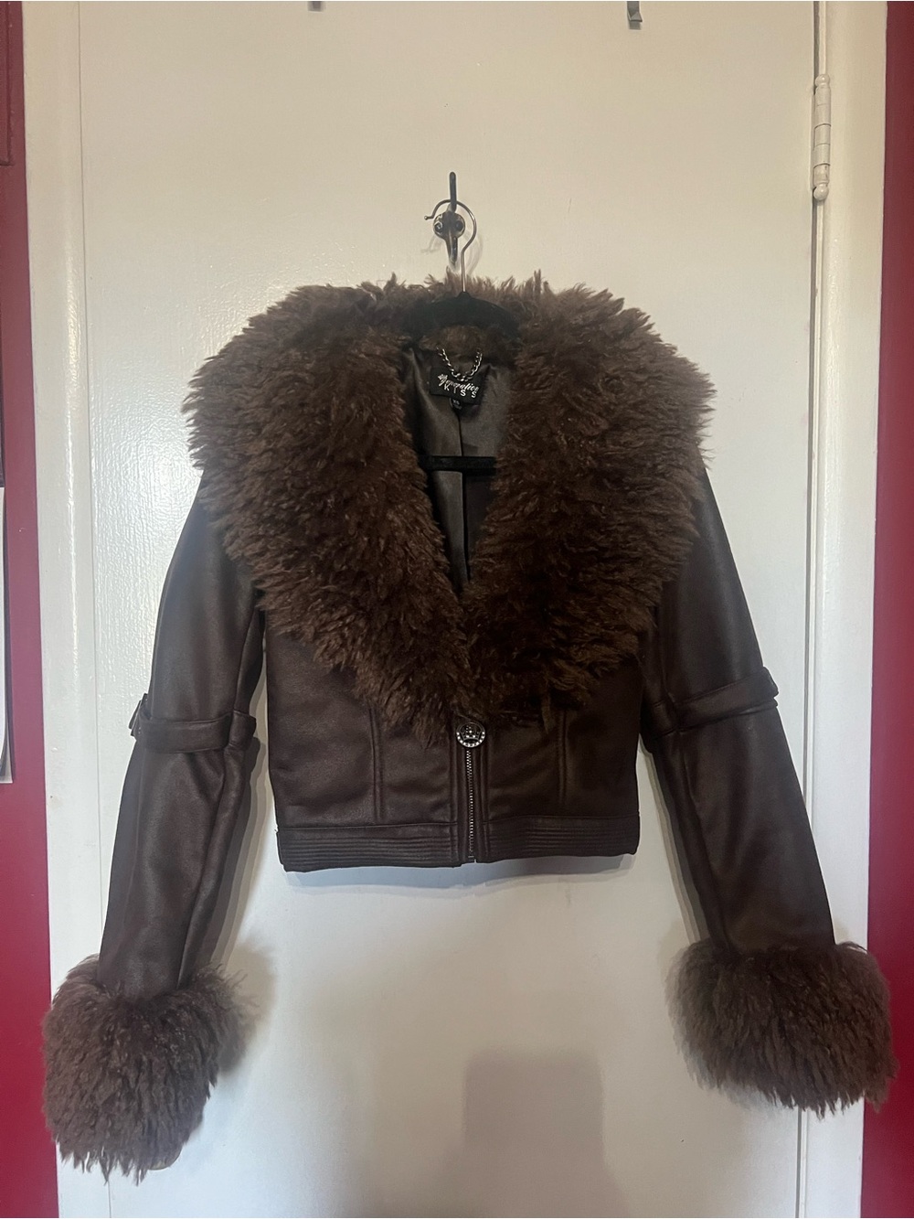 Dolls Kill Dark Brown Faux Shearling Trim Leather Jacket